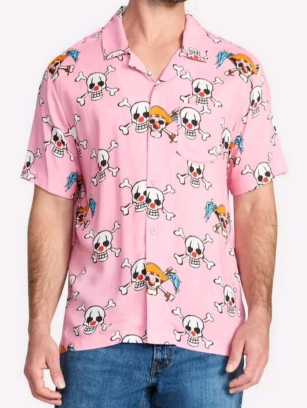 One Piece Men's Size M (32-34) Graphic Button-Up Shirt NWT Pink Skull Pirate